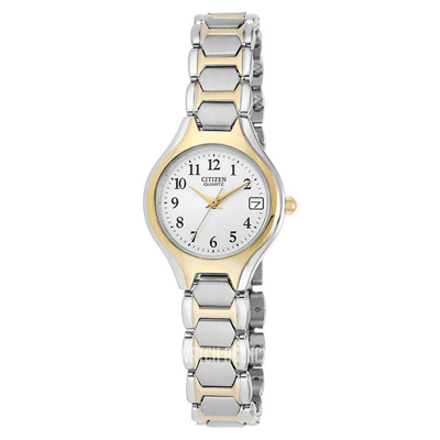 CITIZEN<sup>&reg;</sup> Quartz Women's Watch - This beautiful Stainless Steel Two Tone watch has a white dial and contrasting yellow tone hands. Battery operated and a size of 23 mm. Water resistant, 3 hand with date feature.